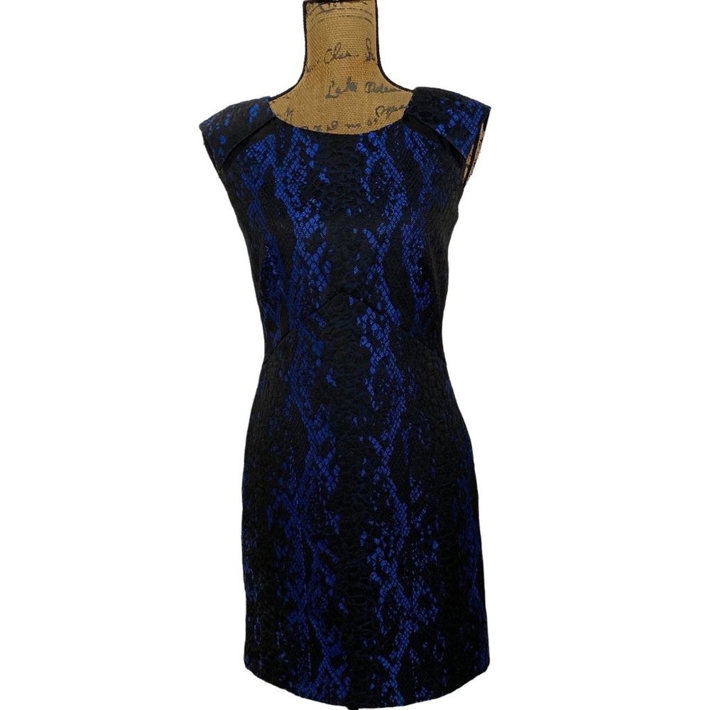 Phoebe Couture‎ 2 Sheath Dress Royal Blue Black Python Lace Silk Combo Textured